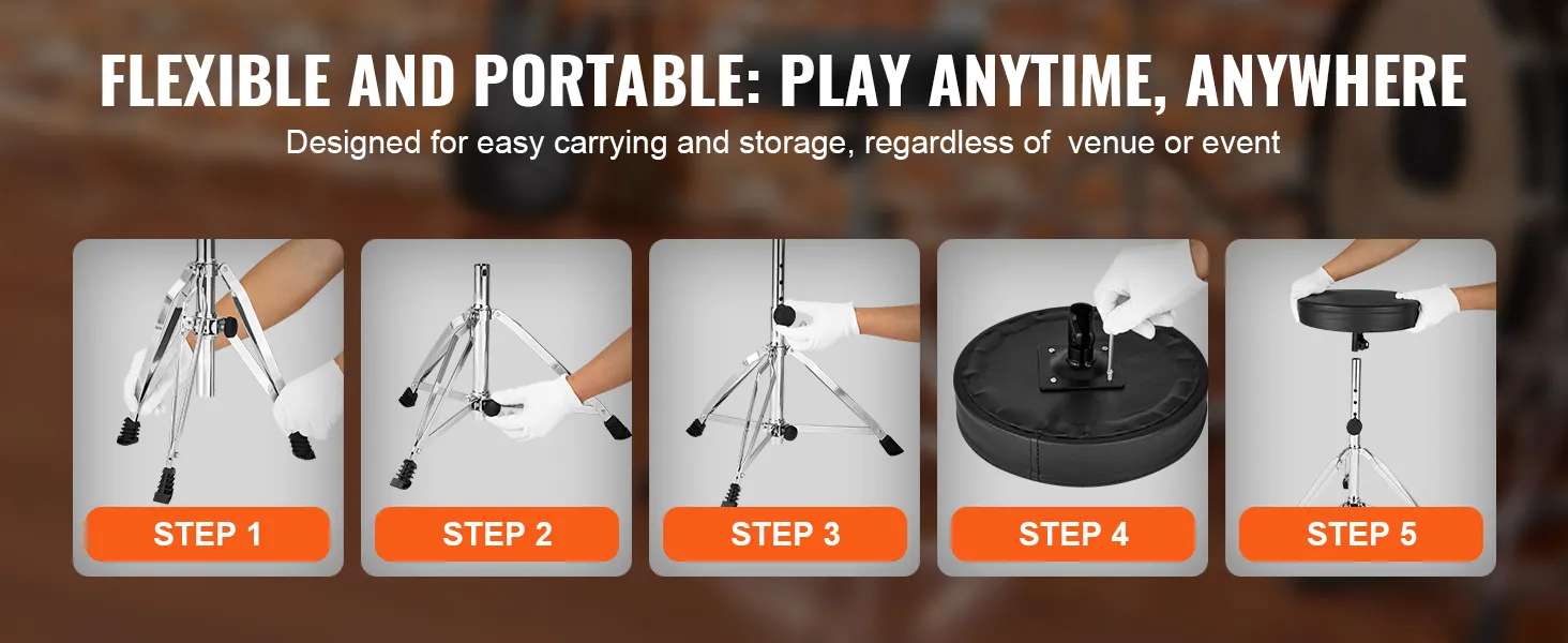 flexible and portable VEVOR drum throne assembly steps for easy carrying and storage at any venue.