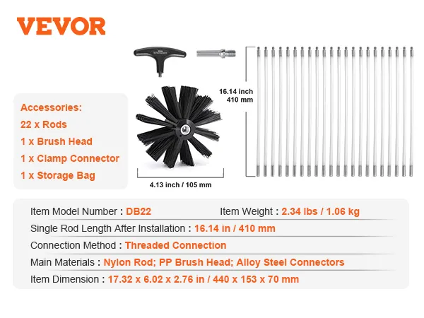 VEVOR dryer vent cleaner kit includes 22 rods, brush head, clamp connector, and storage bag. model db22.