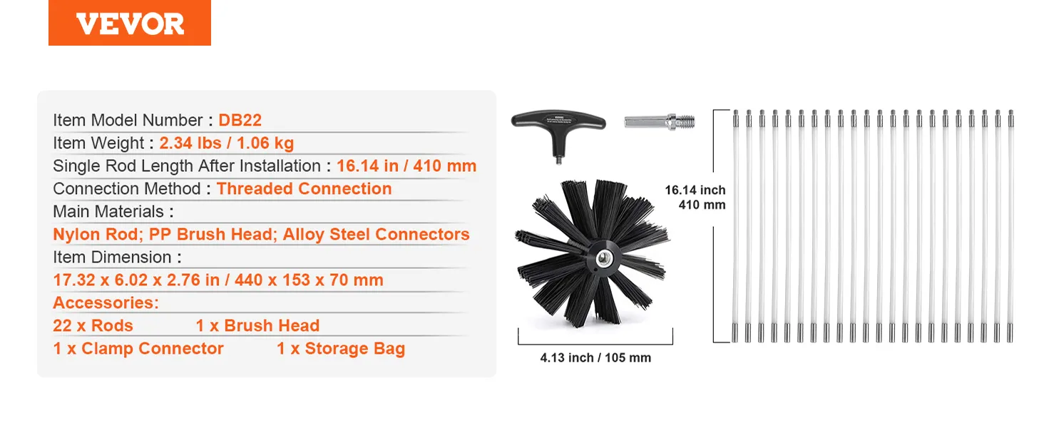 VEVOR dryer vent cleaner kit includes 22 rods, brush head, clamp connector, and storage bag. model db22.