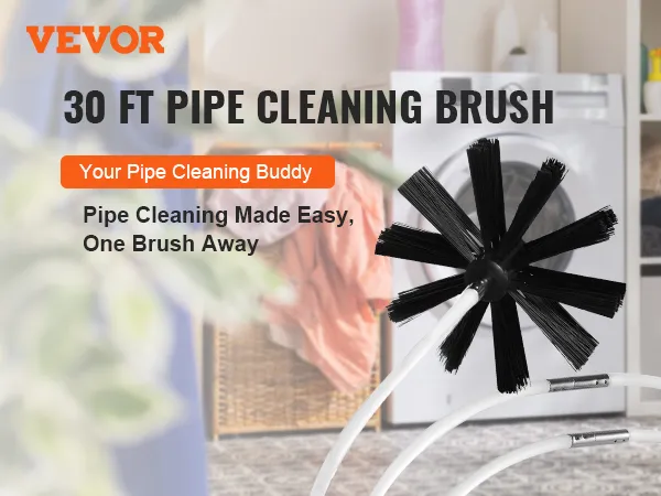 VEVOR dryer vent cleaner kit with 30 ft pipe cleaning brush for easy pipe cleaning in a laundry room.