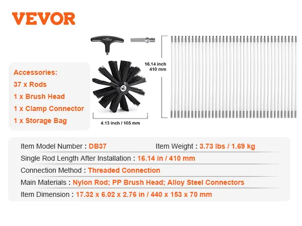 VEVOR dryer vent cleaner kit with 37 rods, brush head, clamp connector, and storage bag.