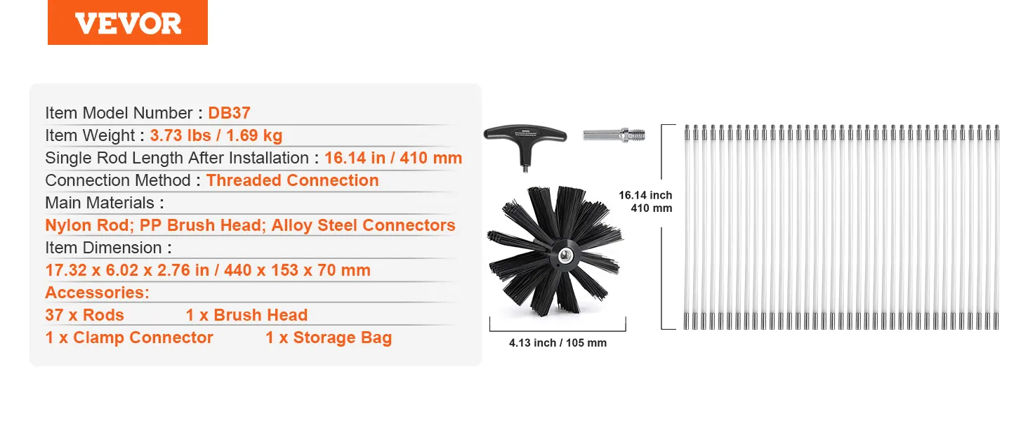 VEVOR dryer vent cleaner kit with 37 rods, brush head, clamp connector, and storage bag.