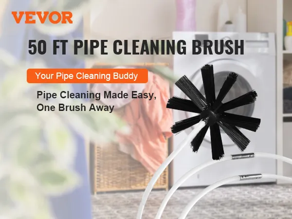 VEVOR dryer vent cleaner kit with 50 ft pipe cleaning brush beside a washing machine in a laundry room.