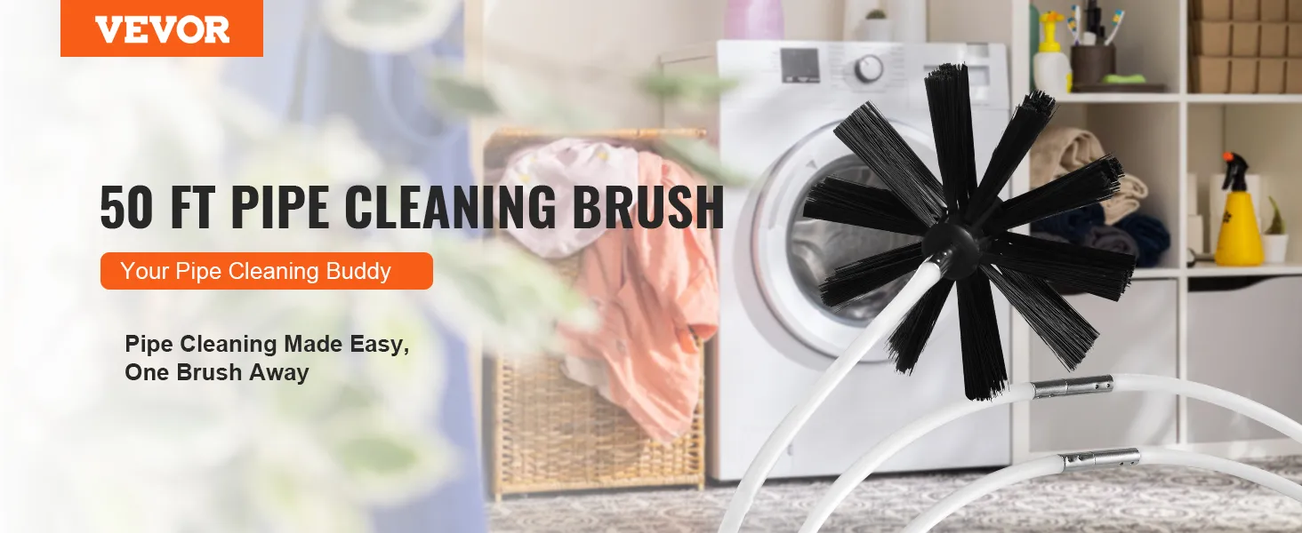 VEVOR dryer vent cleaner kit with 50 ft pipe cleaning brush beside a washing machine in a laundry room.