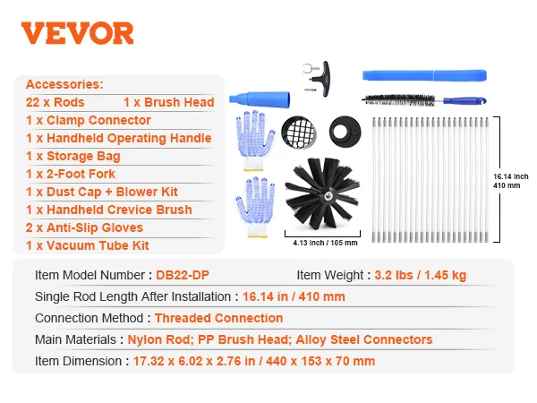 VEVOR dryer vent cleaner kit includes rods, brush heads, gloves, and connection accessories.