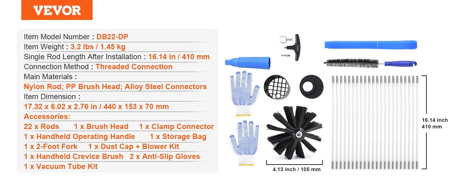VEVOR dryer vent cleaner kit includes rods, brush heads, gloves, and connection accessories.