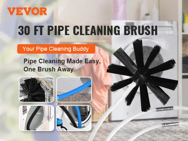VEVOR dryer vent cleaner for easy pipe cleaning, featuring a 30 ft brush and various usage scenes.