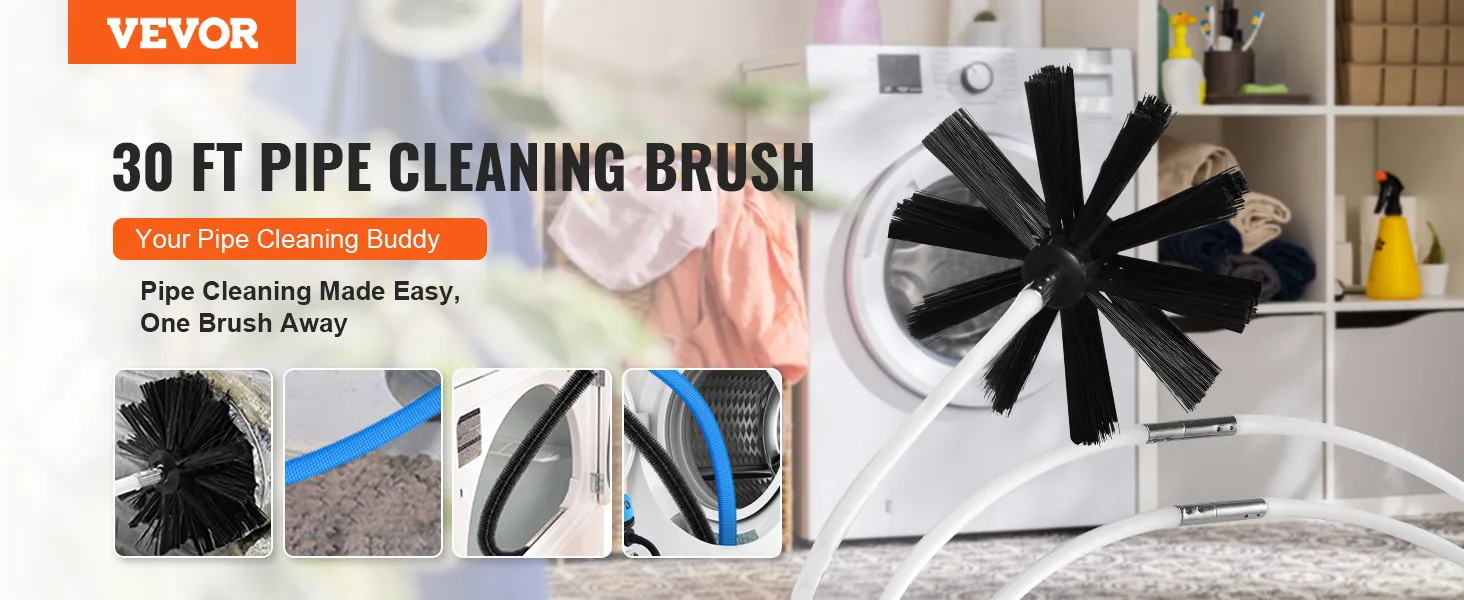 VEVOR dryer vent cleaner for easy pipe cleaning, featuring a 30 ft brush and various usage scenes.