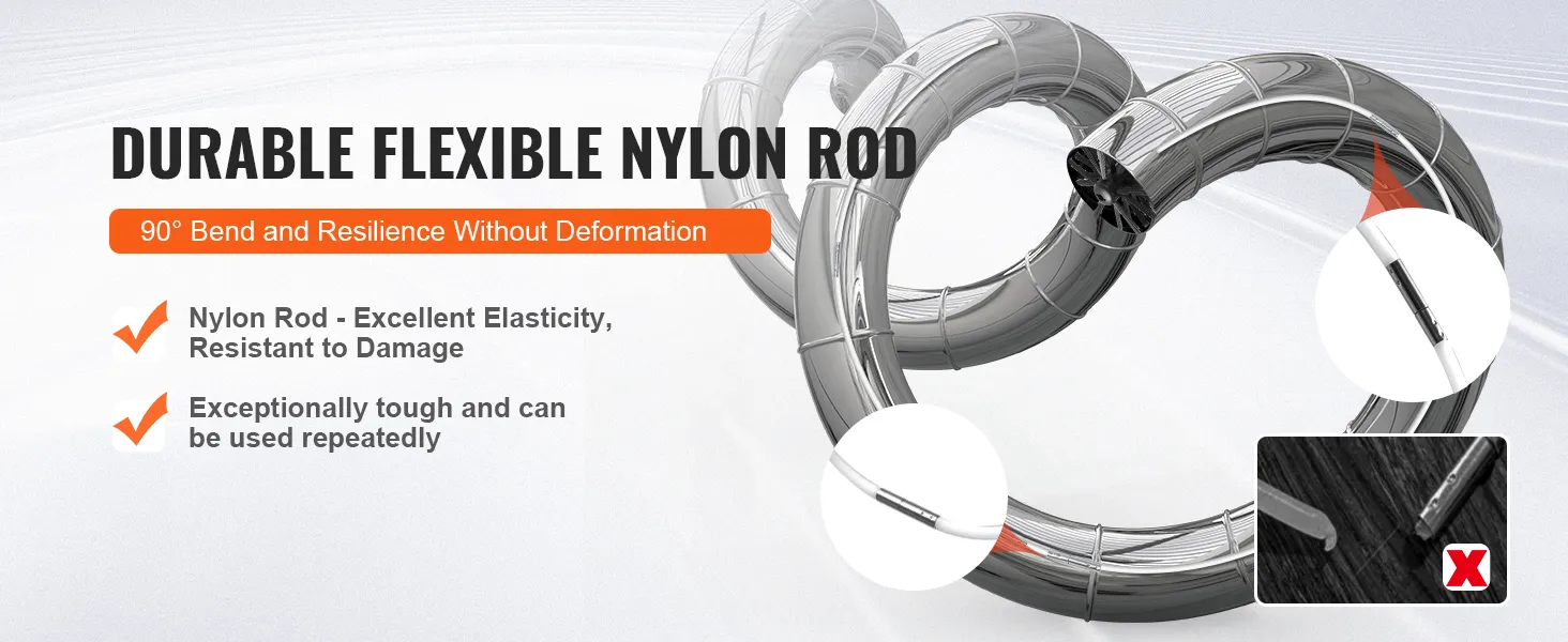 durable flexible nylon rod for VEVOR dryer vent cleaner; 90° bend, high elasticity, and repeated use.