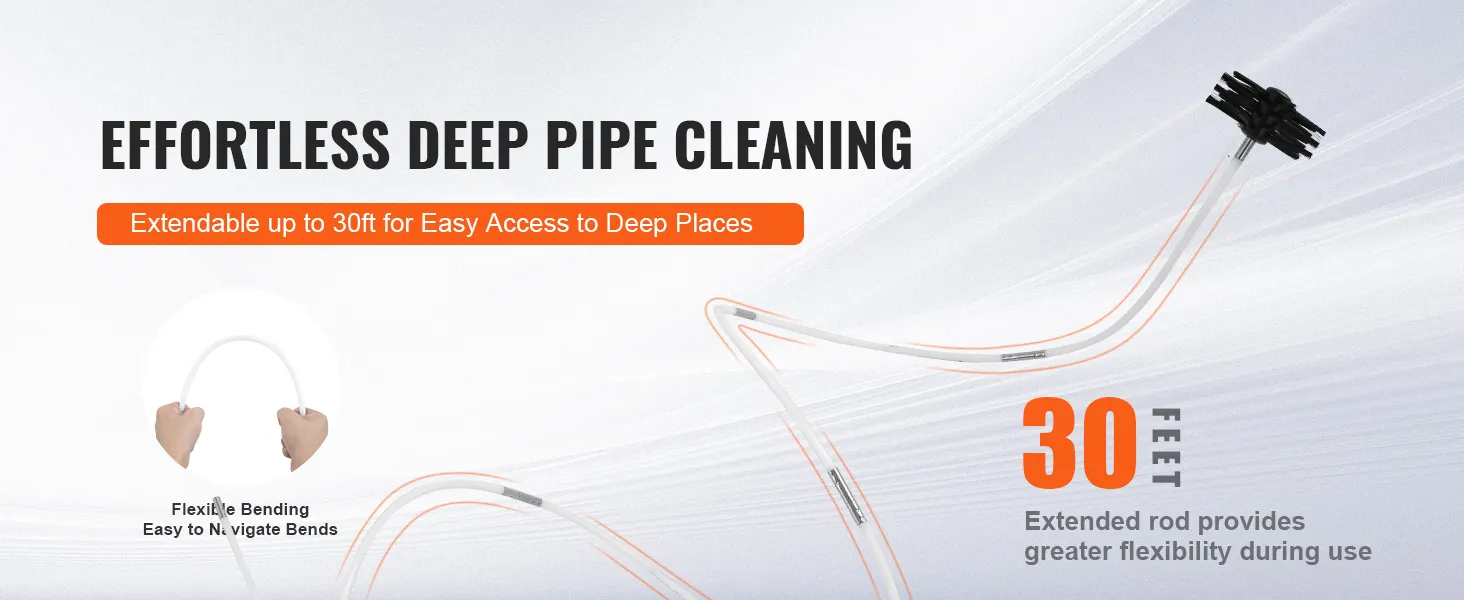 effortless deep pipe cleaning with VEVOR dryer vent cleaner, extendable to 30ft for easy access.