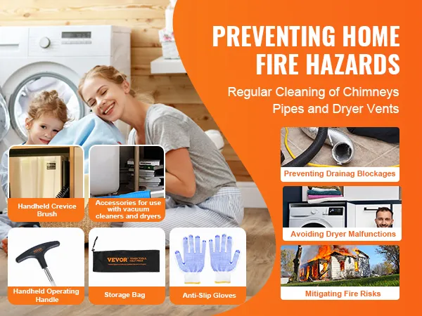 preventing fire hazards with VEVOR dryer vent cleaner showcasing cleaning tools and household safety practices.