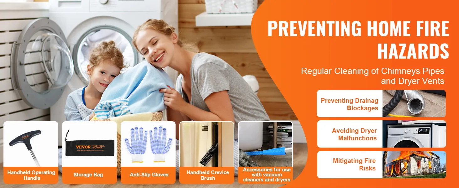 preventing fire hazards with VEVOR dryer vent cleaner showcasing cleaning tools and household safety practices.