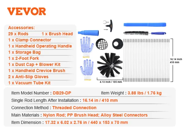 VEVOR dryer vent cleaner kit with rods, brush heads, handles, gloves, and accessories.