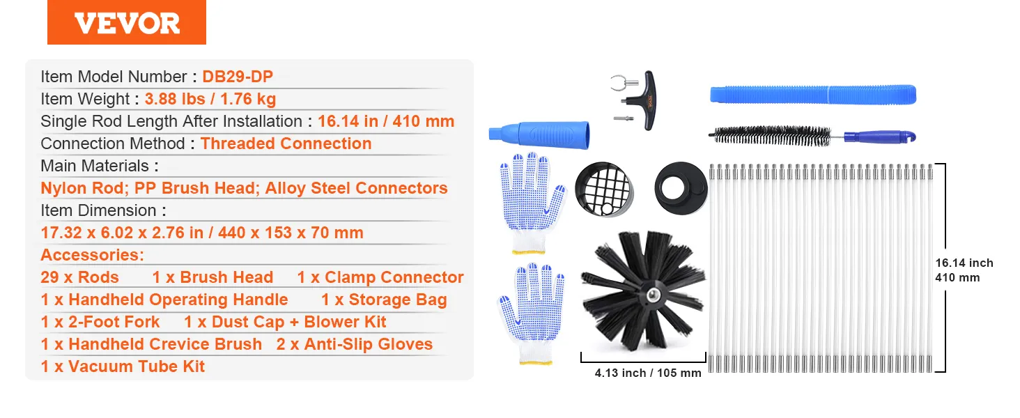 VEVOR dryer vent cleaner kit with rods, brush heads, handles, gloves, and accessories.