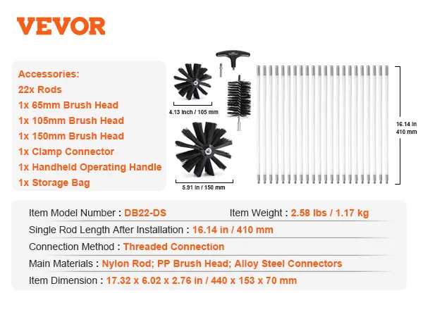 VEVOR dryer vent cleaner kit with 22 rods, multiple brush heads, and storage bag; db22-ds model.