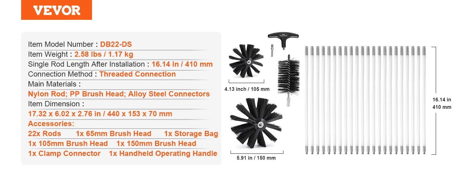 VEVOR dryer vent cleaner kit with 22 rods, multiple brush heads, and storage bag; db22-ds model.