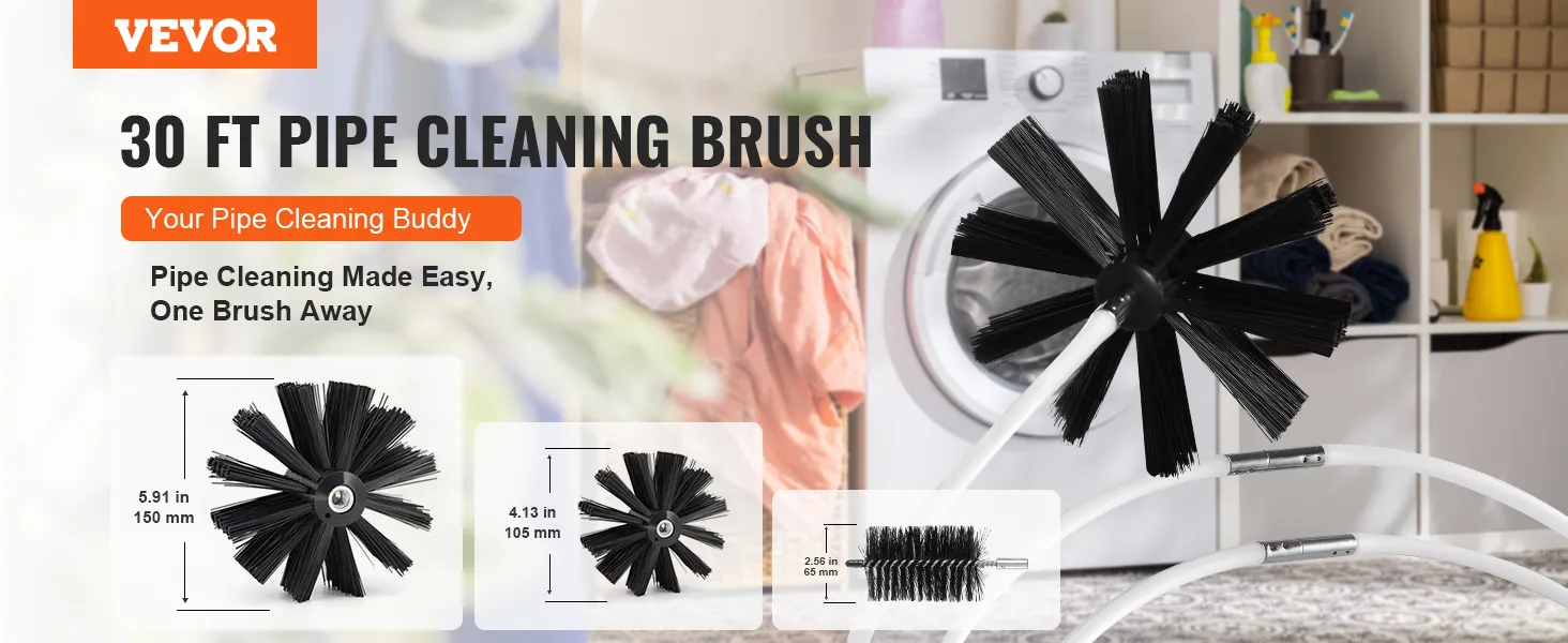 VEVOR dryer vent cleaner kit with 30 ft pipe cleaning brush, various brush sizes, and a washing machine in the background.