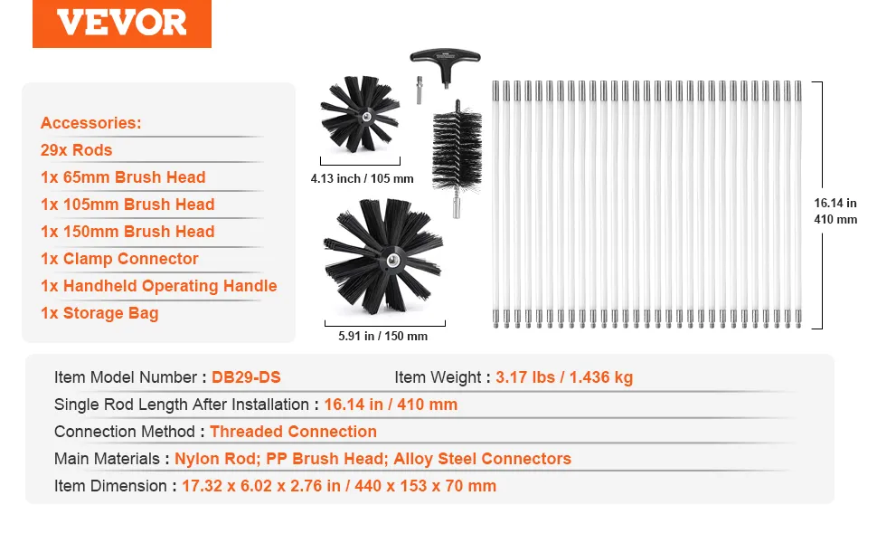 Zestaw do czyszczenia otworów wentylacyjnych suszarki VEVOR z 29 prętami i głowicami szczotek, zawiera torbę do przechowywania i złącze zaciskowe.
