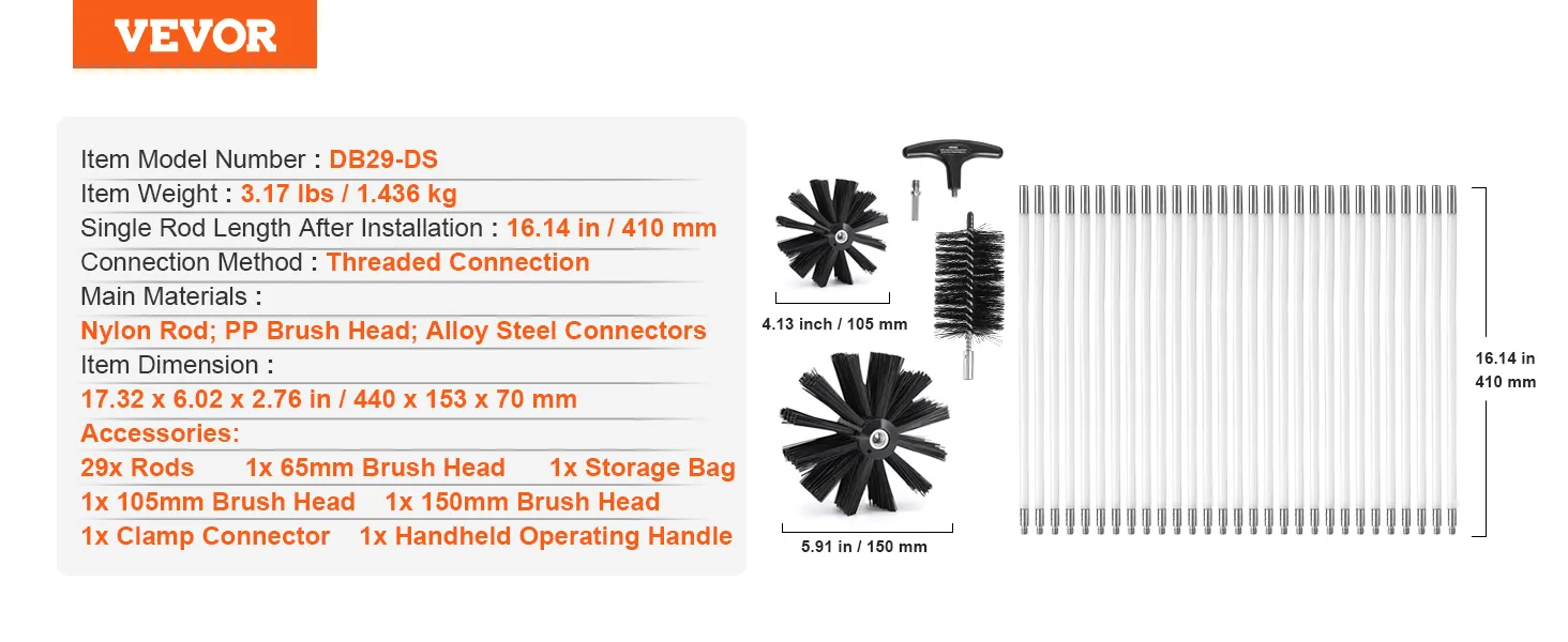 Zestaw do czyszczenia otworów wentylacyjnych suszarki VEVOR z 29 prętami i głowicami szczotek, zawiera torbę do przechowywania i złącze zaciskowe.