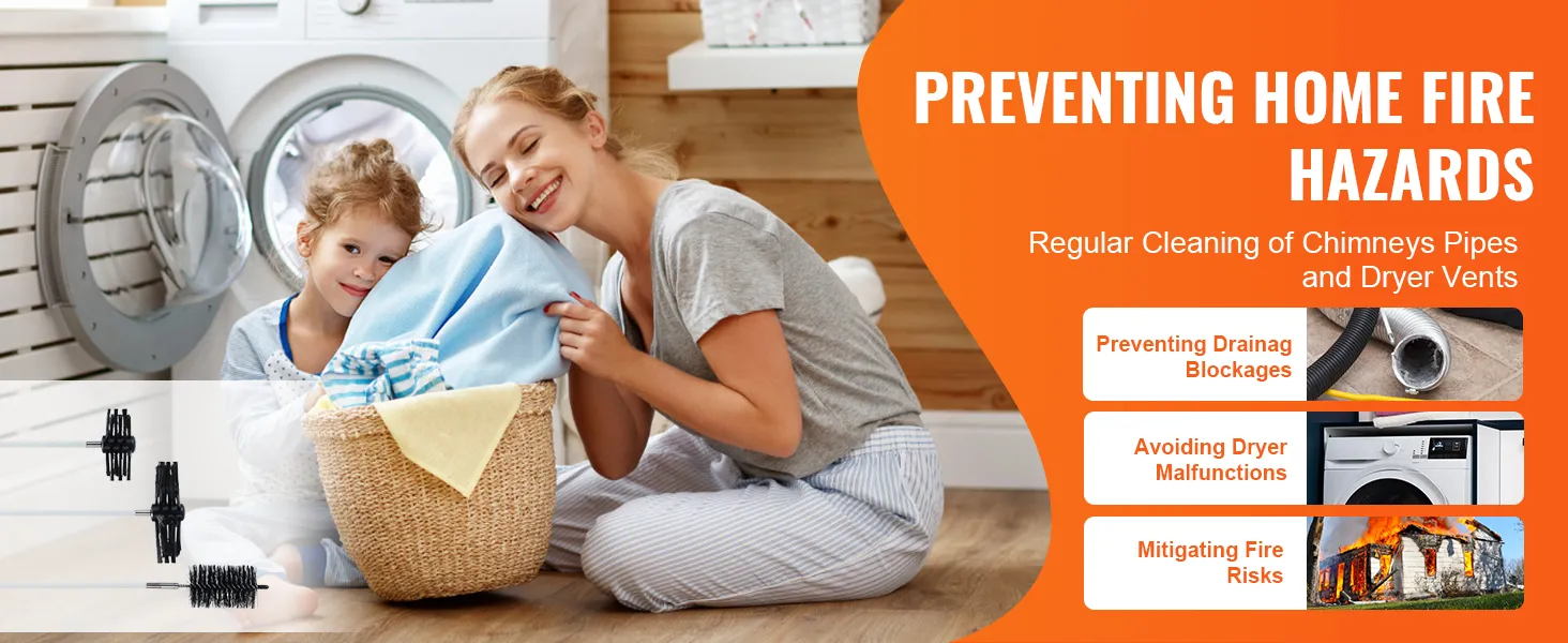 Reklama zestawu do czyszczenia otworów wentylacyjnych suszarek VEVOR podkreśla korzyści wynikające z regularnego czyszczenia otworów wentylacyjnych i zapobiegania pożarom w domu.