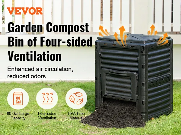 VEVOR garden compost bin with four-sided ventilation, 80-gallon capacity, bpa-free material.