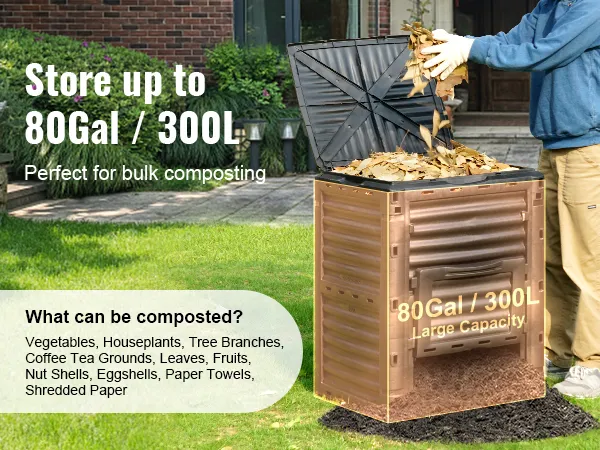 VEVOR garden compost bin with 80gal/300l capacity, perfect for bulk composting of various organic materials.