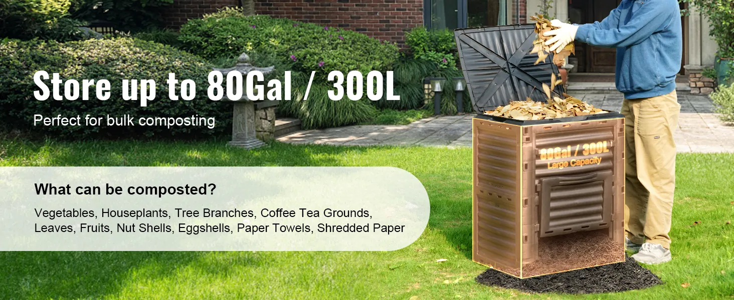 VEVOR garden compost bin with 80gal/300l capacity, perfect for bulk composting of various organic materials.