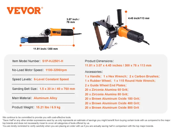 VEVOR pipe tube polisher with 6-level constant speed and aluminum alloy body, detailed specs and accessories.