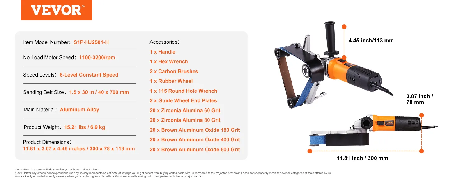 VEVOR pipe tube polisher with 6-level constant speed and aluminum alloy body, detailed specs and accessories.