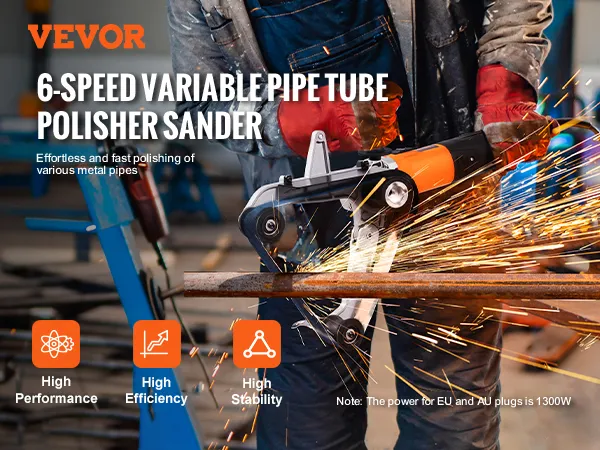VEVOR pipe tube polisher sander in use, showcasing sparks and high performance for metal pipe polishing.