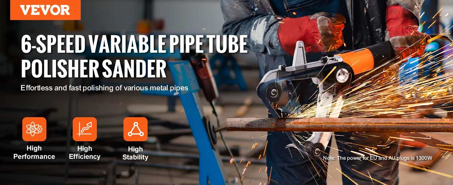 VEVOR pipe tube polisher sander in use, showcasing sparks and high performance for metal pipe polishing.