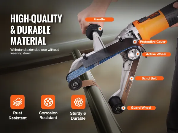 VEVOR pipe tube polisher in use, highlighting handle, protective cover, active wheel, and sand belt.