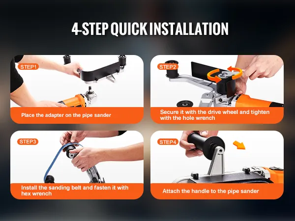 4-step guide for VEVOR pipe tube polisher: install adapter, drive wheel, sanding belt, and handle.