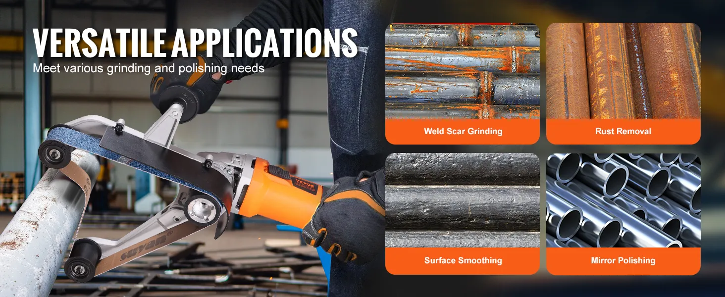 VEVOR pipe tube polisher demonstrating versatile applications for weld scar grinding, rust removal, smoothing, and mirror polishing.