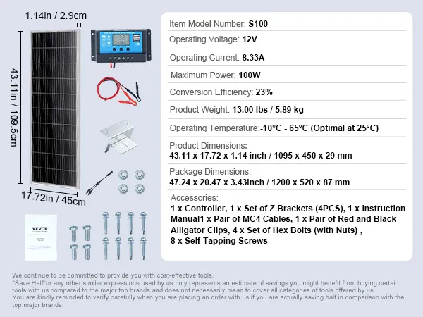 Kit pannello solare VEVOR, 100 W, 8,33 A, 12 V, include controller, staffe, cavi, morsetti a coccodrillo, viti.