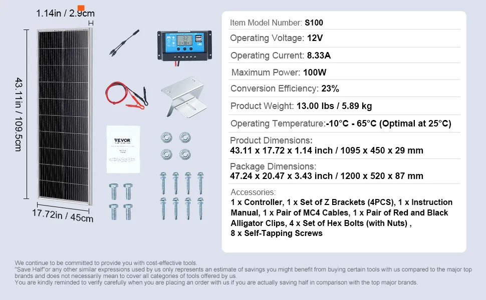 Kit pannello solare VEVOR, 100 W, 8,33 A, 12 V, include controller, staffe, cavi, morsetti a coccodrillo, viti.