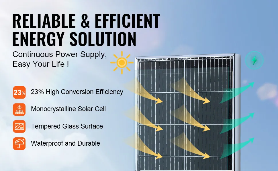Kit pannello solare VEVOR: soluzione energetica affidabile ed efficiente con efficienza di conversione del 23%.