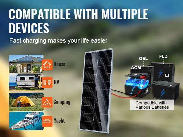 Kit di pannelli solari VEVOR compatibile con case, camper, campeggi e yacht, supporta vari tipi di batterie.