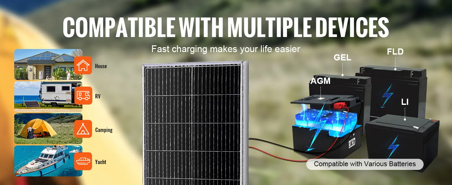Kit di pannelli solari VEVOR compatibile con case, camper, campeggi e yacht, supporta vari tipi di batterie.