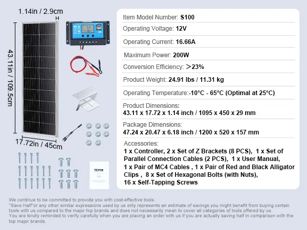 Kit de panel solar monocristalino VEVOR con accesorios, dimensiones y especificaciones técnicas.