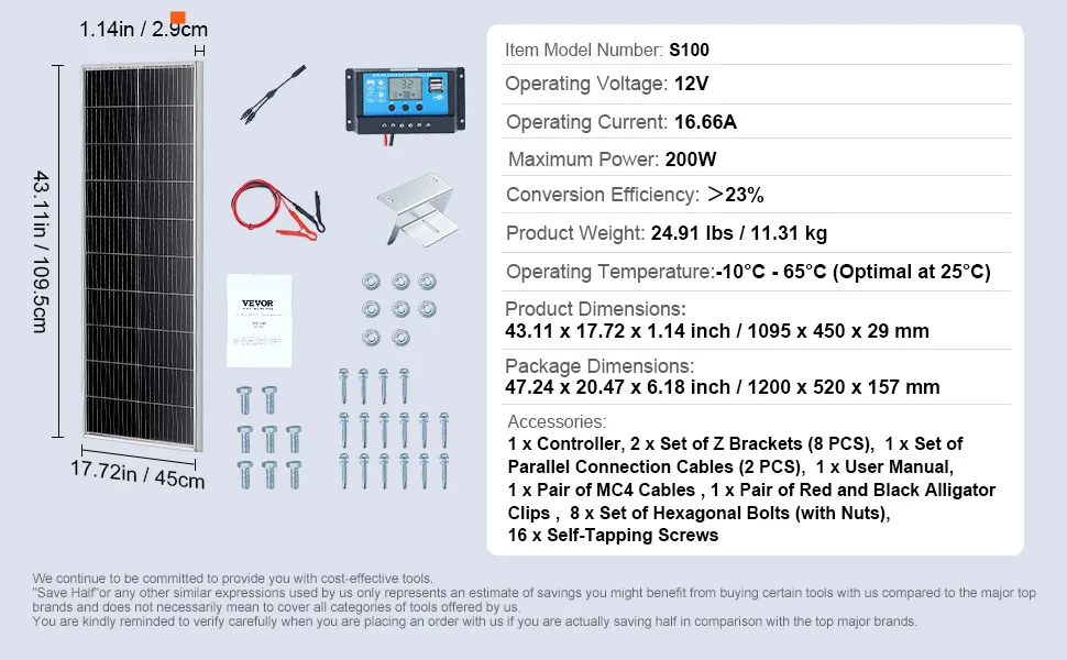 Kit de panel solar monocristalino VEVOR con accesorios, dimensiones y especificaciones técnicas.