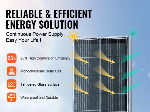 Kit de panel solar monocristalino VEVOR: 23% de eficiencia, vidrio templado, resistente al agua y duradero.