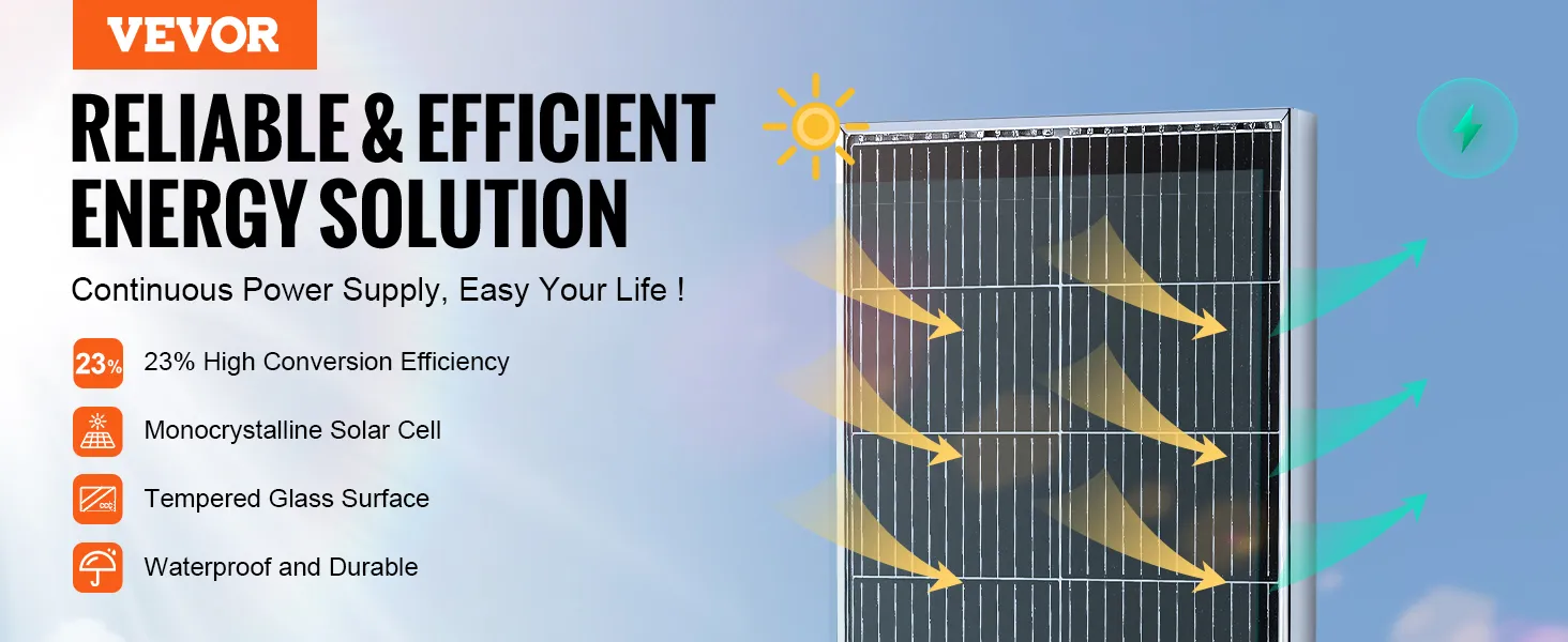 Kit de panel solar monocristalino VEVOR: 23% de eficiencia, vidrio templado, resistente al agua y duradero.