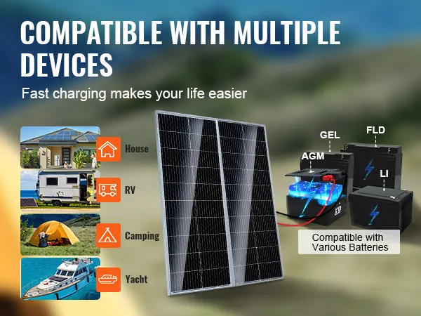 Kit de panel solar monocristalino VEVOR para casas, vehículos recreativos, campamentos, yates y varios tipos de baterías.
