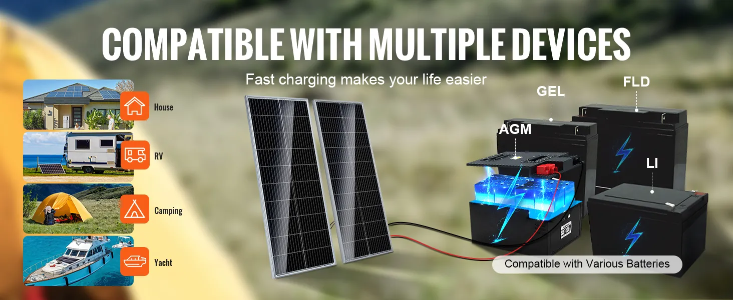 Kit de panel solar monocristalino VEVOR para casas, vehículos recreativos, campamentos, yates y varios tipos de baterías.