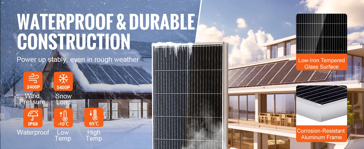 Kit de panel solar monocristalino VEVOR resistente al agua en el techo de una cabaña nevada y una casa moderna con especificaciones destacadas.