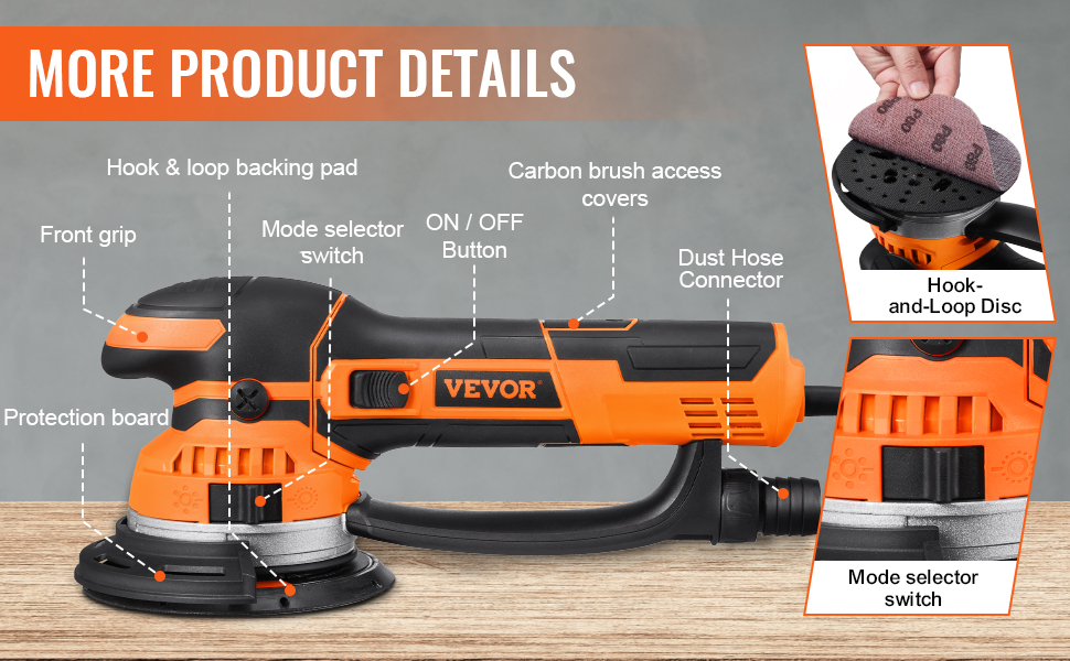 VEVOR Dual Action Orbital Sander – 6-Inch, 850W, 6-Speed