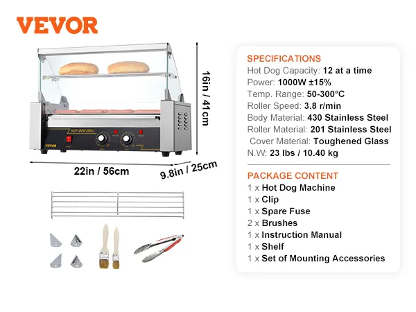 VEVOR Hot-Dog-Roller mit Kapazität für 12 Hot Dogs, 1000 W Leistung und Edelstahlgehäuse, inklusive Zubehör.