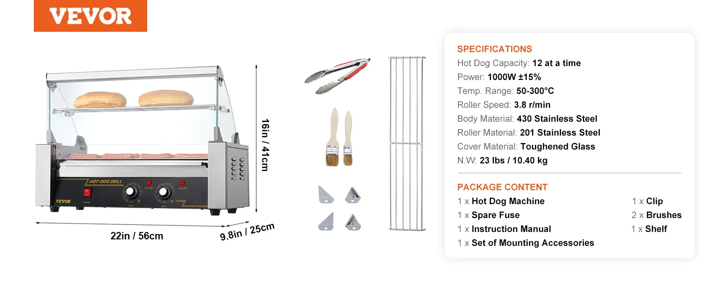 VEVOR Hot-Dog-Roller mit Kapazität für 12 Hot Dogs, 1000 W Leistung und Edelstahlgehäuse, inklusive Zubehör.