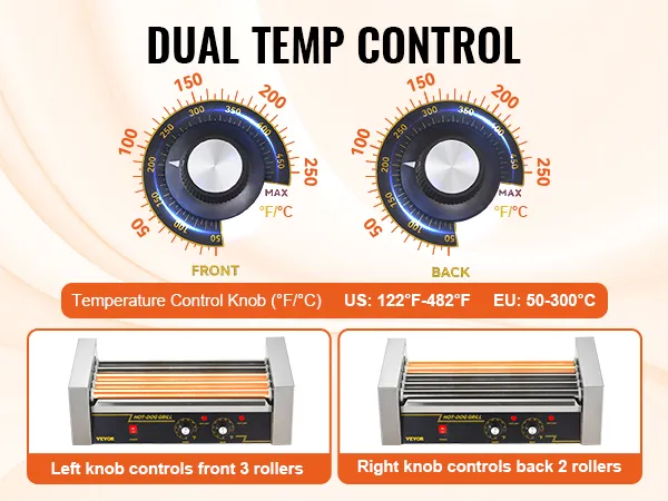 VEVOR-Hot-Dog-Roller mit zwei Temperaturreglern für Vorder- und Rückseite, einstellbar 50–300 °C.